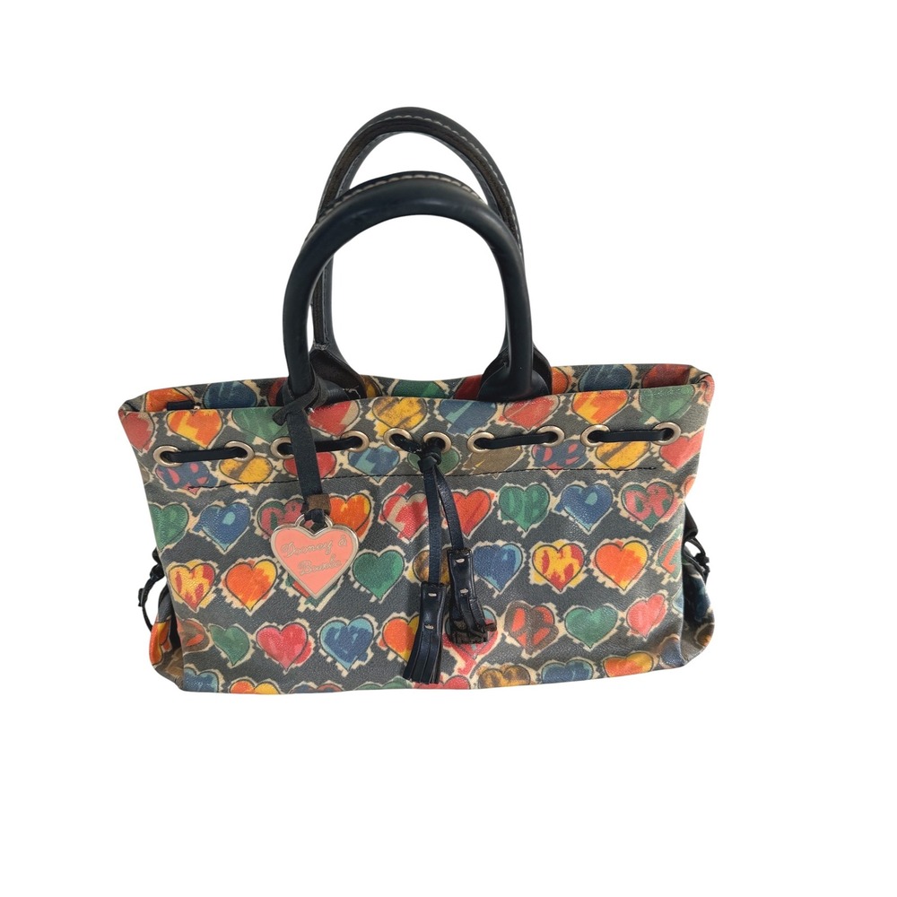 Dooney & Bourke Heart Print Tote Bag Multi Color Leather Trim Tassel Charm